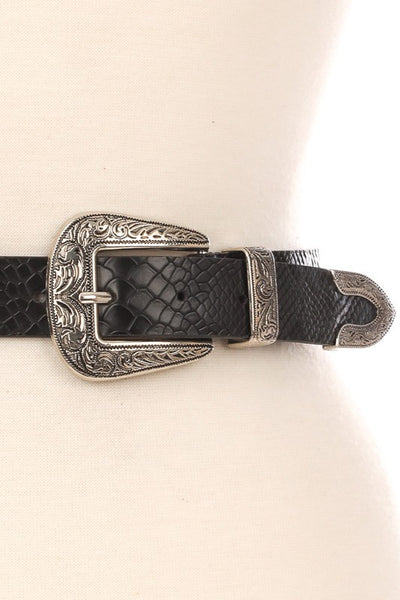 Double Buckle Black Snake Embossed Belt