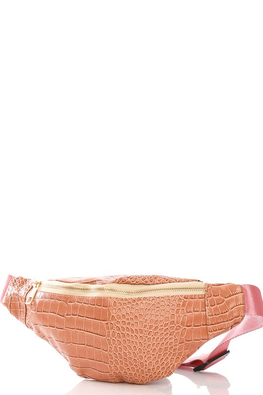 Faux Pink Snakeskin Print Belt Bag