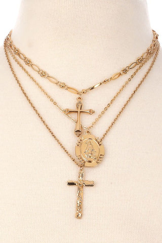 Layered Metallic Cross Pendant Necklace