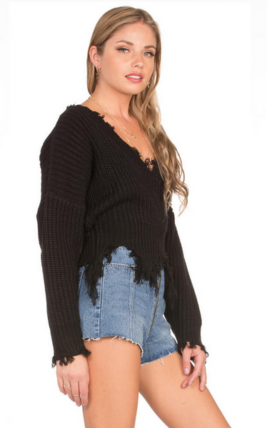 Frayed Black Knit Sweater