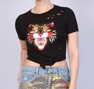 Distressed Knotted Tee- Angry Cat