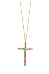 Rainbow Rhinestone Studded Cross Necklace